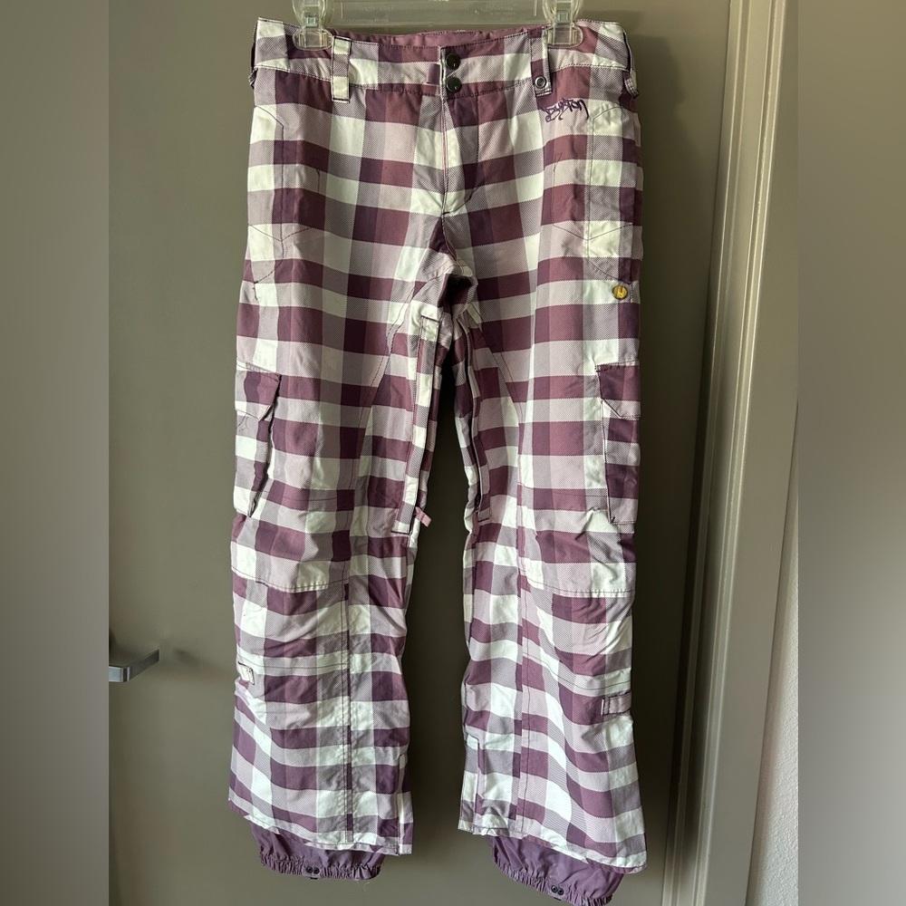Burton Women’s Plaid Snowboard Ski Pants Purple and White Check Sz Small